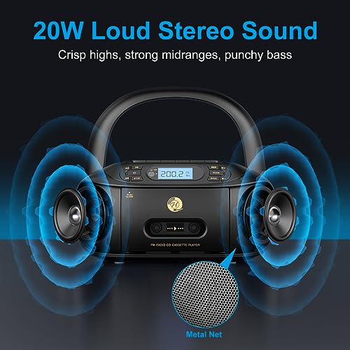 Hernido Portable Boombox with CD Cassette Player Combo, FM Radio, Rechargeable CD/Tape Player, Built-in Stereo Speakers Super Bass, Audio for Home Support AUX-In, USB Playback, Headphone Jack Output - Image 5