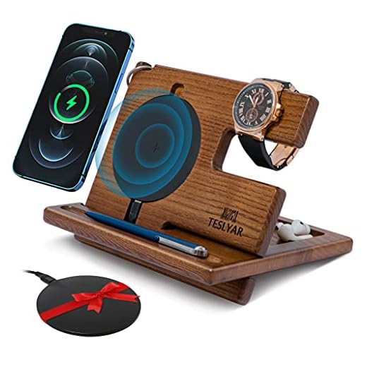 TESLYAR Wood Phone Docking Station Ash Key Holder Wallet Stand Watch Organizer Men Gift Husband Wireless Charging Pad Slim Birthday Nightstand Purse Tablet Compatible with All Qi Devices