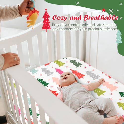 Image of JISEN Christmas Crib Sheet Colorful Tree Fitted Crib Sheet for Boys Girls Crib Mattress Cover Baby Sheet for Standard Crib and Toddler Mattress Soft Breathable Baby Bed Sheet for Neutral 52x28 Inch