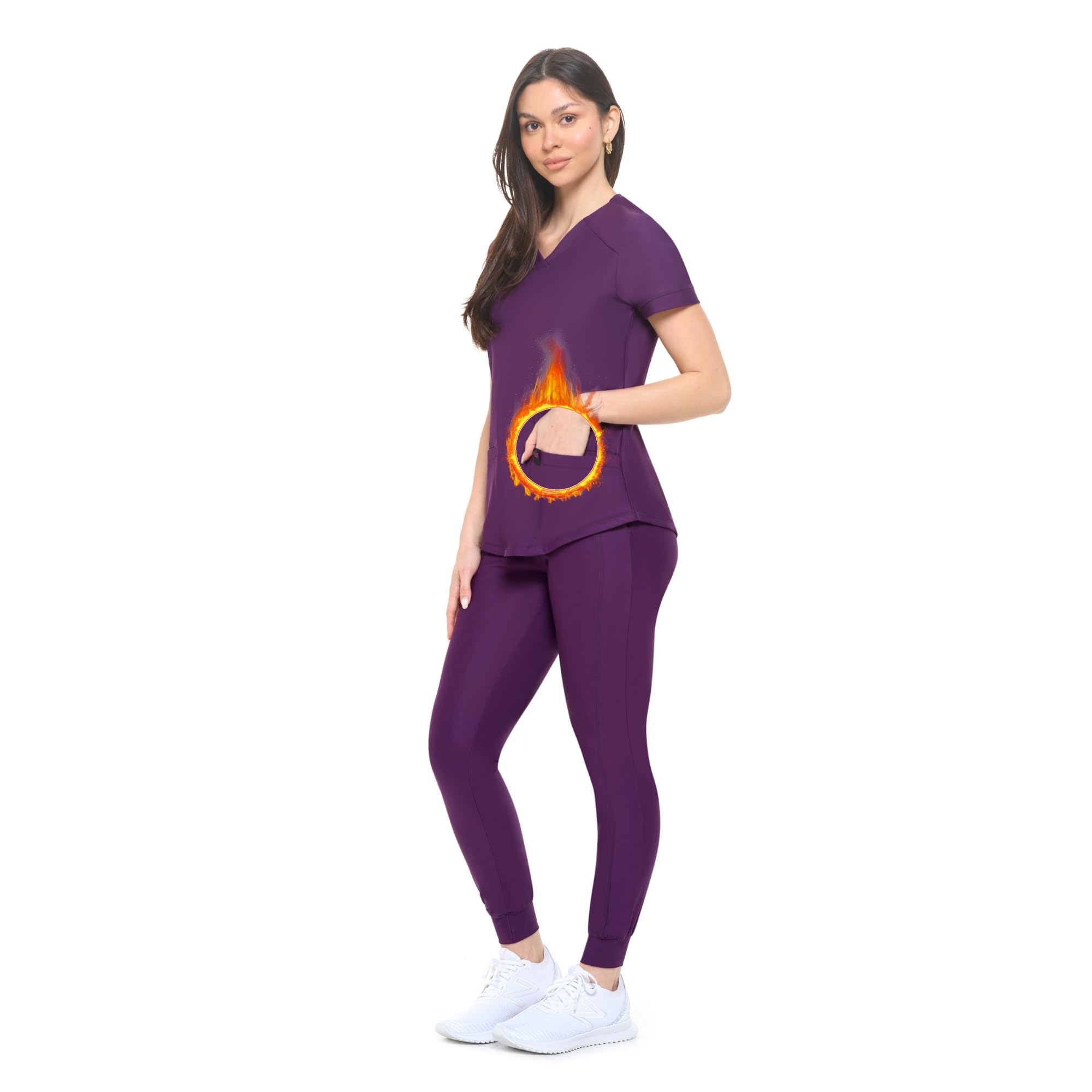 M&M SCRUBS Women's Jogger Scrub Set V-Neck Ultra Stretch Jogger Scrub Top and Pant (Eggplant, X-Large)