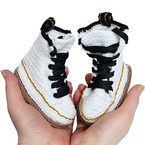 Handmade Crochet Baby White Custom Wool Organic Booties – Classic High-Top Lace-Up Knit Nweborn Sneakers, Non-Slip Soles, Perfect Baby Shower Gifts, First Steps, Unisex, 0-3, 3-6, 6-9 Months