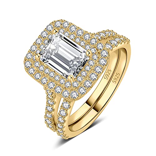 JewelryPalace Classic 1.6ct Cubic Zirconia Double Halo Engagement Rings for Women, Emerald Cut 925 Sterling Silver 14K Gold Promise Ring for Her, Simulated Diamond Anniversary Wedding Band Bridal Set