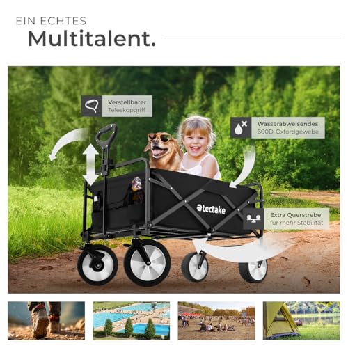 tectake Bollerwagen faltbar, Transportwagen klappbar, mit Tasche, Handwagen zum Ziehen, breite Gummireifen, Faltbarer Trolley zum Transport, für den Strand, im Garten, belastbar bis 80kg (schwarz)