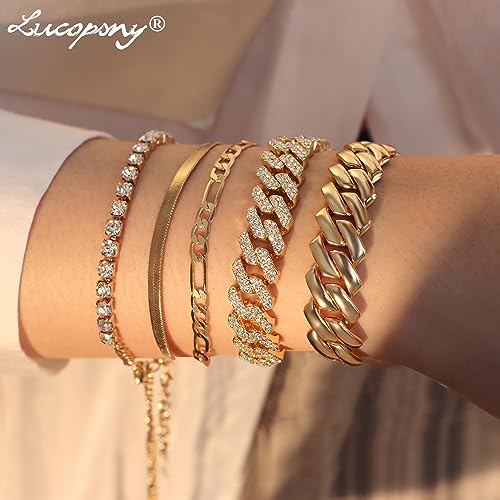Gold Bracelets for Women, 14K Gold Plated Bracelets Sets for Women, 13mm/14mm Cuban Chain Bracelet Layered Link Chain Bracelets Pack Jewelry Full Diamond for Women4