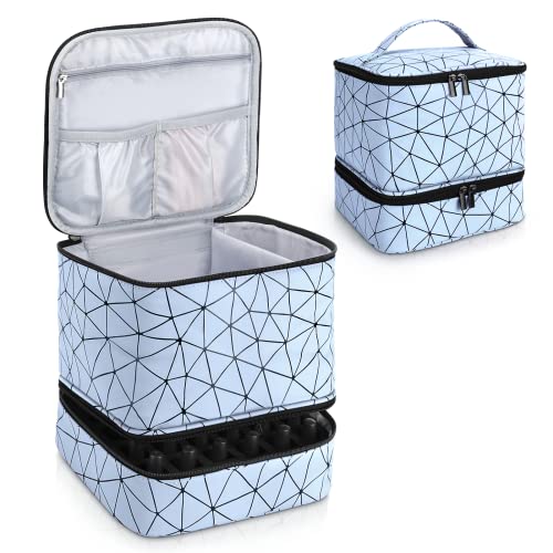 Nail Polish Organizer Case,Fingernail Polish Travel Organizer with Handle, Holds 30 Bottles,1 Led Nail Lamp & Nail Art Supplies,Double Layer Nail Polish Carrying Case with Detachable Interior(Blue)