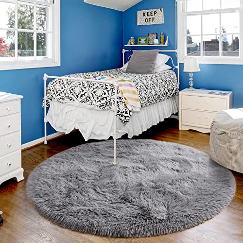 Merelax Grey Round Rug For Bedroom Living Room, 4'X4' Fluffy Circle Rugs For Teen Boys Cute Nursery Rug For Baby Kids Room, Furry Shaggy Rug For Dorm, Fuzzy Plush Circular Carpet For Home Decor #TOP10