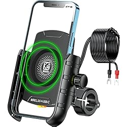 Soporte Para Celular Con Cargador Inalambrico BRCOVAN Soporte de teléfono para motocicleta con cargador inalámbrico Qi de 15 W y puerto de carga rápida USB C de 20 W, soporte impermeable para teléfono celular de motocicleta con base de montaje de