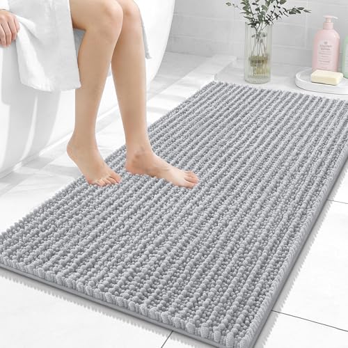 Image of OLANLY Bathroom Rug Mat 44x24, Thick Soft and Absorbent Chenille Bath Mat, Non-Slip Rubber Backing, Machine Washable Quick Dry Bath Rugs for Tub Shower Floor, Home Decor Accessories, Light Grey