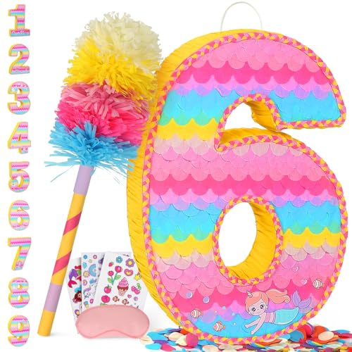 Number 6 Pinata for Birthday Party Decorations, Unicorn Mermaid Theme Pink Piñata Games Toy (6th)