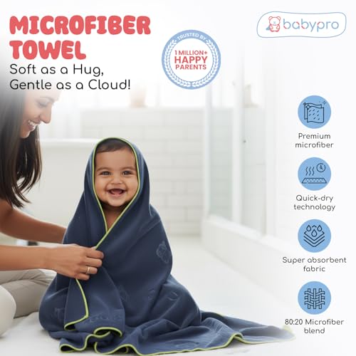 Image of BabyPro Microfiber Baby Bath Towel for Boys & Girls, 0-5 Years, 70 x 110 cm | 100%Cotton, Ultra Soft, Quick Dry, Ultra Absorbent, Lightweight, Navy Blue