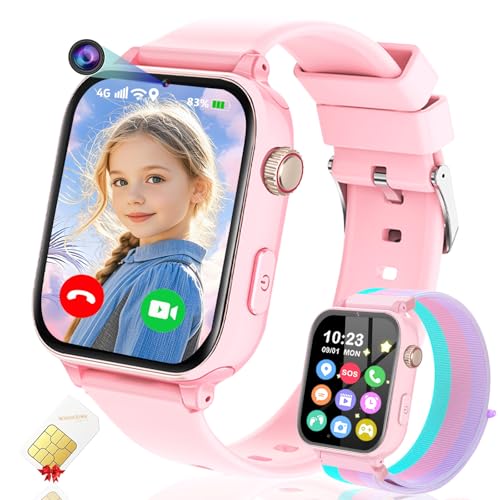 4G Kids Smart Watch GPS Tracker, Smartwatch for Kid with Video Calling, Voice Chat, Class Mode, SOS , Pedometer, Alarm, Games, SIM Card HD Touch Screen Phone Watch Gift for 4-12 Girls Boys, Pink