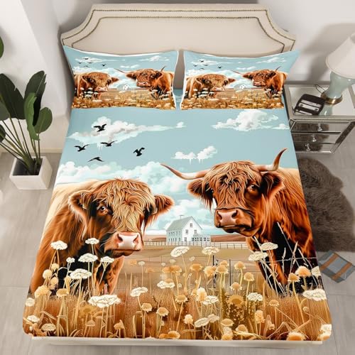 Highland Cattles Full Size Fitted Sheet,Rustic Farmhouse Animal Cow 3 Pieces Kids Teenager Room Decor Western Barn Cabin Dadelion Wheat Pocket 2 Pillowcases