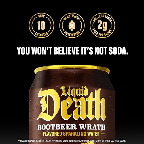 Image of Liquid Death Soda-Flavored Sparkling Water - Rootbeer Wrath, Less Sugar*, Huge Flavor, No Caffeine, No Artificial Sweeteners, 12 Fl Oz (Pack of 12)