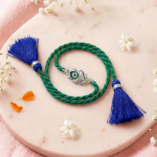 Image of ZAVYA 925 Pure Silver Morpankh (Peacock Feather) Rakhi for Brother | Premium Sterling Silver Gift for Bhaiya | Designer Raksha Bandhan Thread Set | Peacock Rakhi for Men & Boys | Roli Chawal Pack & Certificate