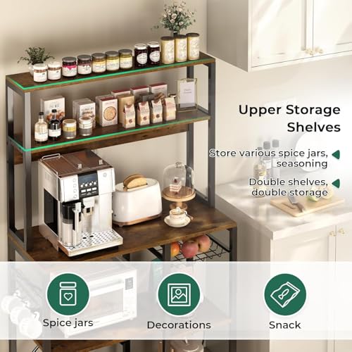 Image of 5-Tier Kitchen Storage Rack | Microwave Stand with Organizer | Kitchen Shelf Unit | Coffee Bar Organizer | Heavy Duty Metal & Wood Cabinet | Rustic Brown | 90x40x150 cm