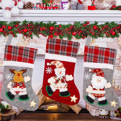 3 Calcetines de Navidad para Colgar en la Chimenea, Medias Navideñas Grandes para Llenar de Regalos - Decoración Festiva para Árbol de Navidad, Ventanas y Escaleras