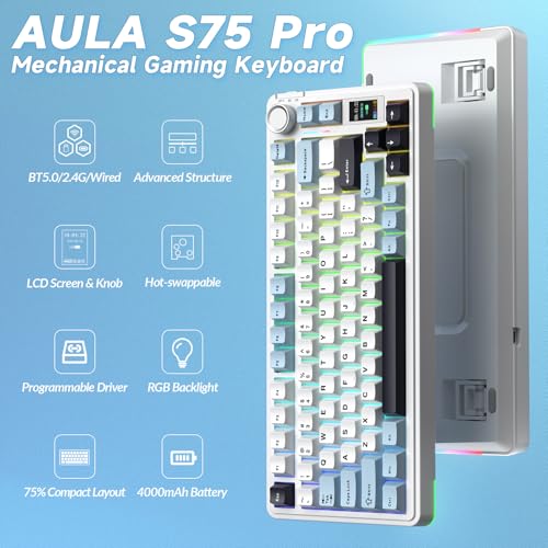 Image of AULA S75 PRO Wireless Mechanical Keyboard with Screen&Knob, 75% Hot Swappable Gaming Keyboard with Pre-lubed Switches, RGB Backlit, PBT Keycaps Creamy Sounding Pc Gaming Keyboards