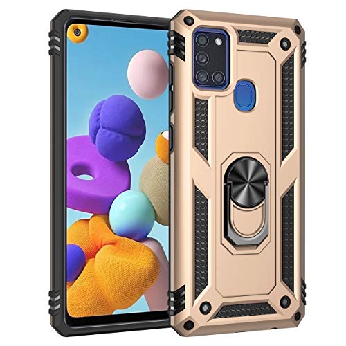 SORAKA Case for Samsung Galaxy A21s with Ring Holder Armor Case Samsung Galaxy A21s Case Soft TPU Bumper Hard PC Back Cover with Metal Plate for Magnetic Phone Car Mount Gold