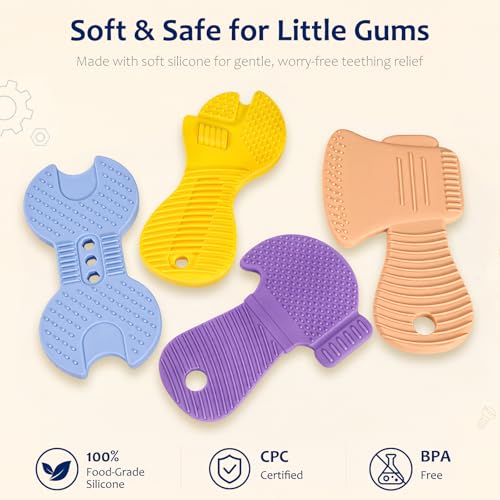 Image of Baby Tool Teethers 4 Pack, Textured Sensory Teething Toys for Boys 0-6 Months, Wrench Screwdriver Hammer & Axe Silicone Chew Toys, Baby Shower Gifts for Newborn & Infants