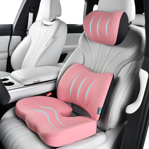 Image of FLORICH 3 PCS Seat Cushion for Carseat Lumbar Support Pillow Car Neck Headrest Pillows Memory Foam Gel Memory Foam Massage Point Seat Pads Pressure Relief Back Cushion for Office Chair(Light Pink)