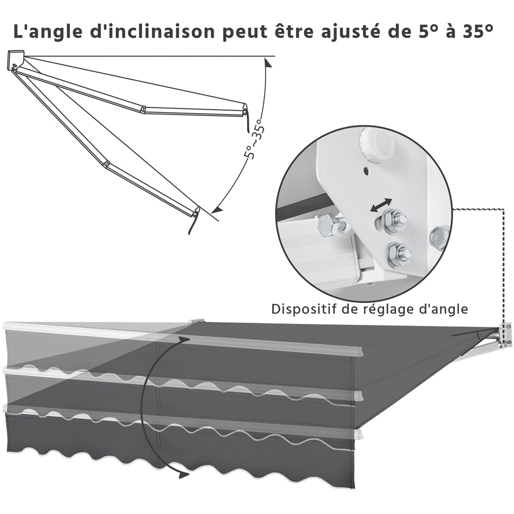 Yaheetech Auvent Rétractable de Contrôle Manuel 250 x 200 cm avec Protection Solaire Réglable pour Balcon, Terrasse, Café, Restaurant - Gris Foncé