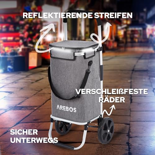 Arebos 3in1 Einkaufstrolley | Trolley groß 56 Liter | Einkaufswagen mit Kühlfach | Einkaufstasche mit Rollen | Klappbarer Shopper | klappbar Tasche abnehmbar | Einkaufsroller, Handwagen | Grau – Bild 6