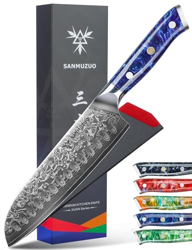 Sanmuzuo Cuchillo Santoku Damasco Cuchillo De Chef 18cm - Serie Xuan - Cuchillo De Cocina De Acero De Damasco Con Mango De Resina Azul Zafir Sanmuzuo Cuchillo Santoku Damasco Cuchillo De Chef 18cm - Serie Xuan - Cuchillo De Cocina De Acero De Damasco Con Mango De Resina Azul Zafir