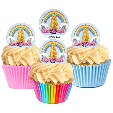 12 New Pre Cut Standing Unicorn Horn & Ears Edible Cupcake Cake Decorations Toppers Cover