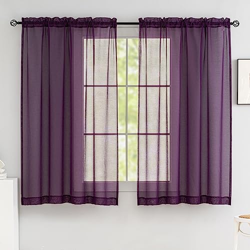 Image of Sheer Curtains 45 Inch Length for Living Room Bedroom, Rod Pocket Polyester Semi Sheer Privacy Drapes, Window Treatments Semi Crinkle Curtain Panels for Kitchen Doorway Divider, Purple, 52 inch Wx 45 inchL