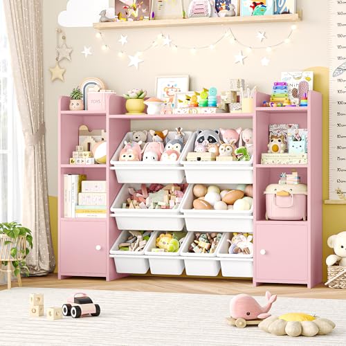 Image of FOTOSOK 55''Large Toy Storage Organizer with 8 Toy Bins, Toy Organizers and Storage with Shelf and 6 Storage Cubbies, Bookshelf for Kids, Playroom Organization and Storage Bins, Pink