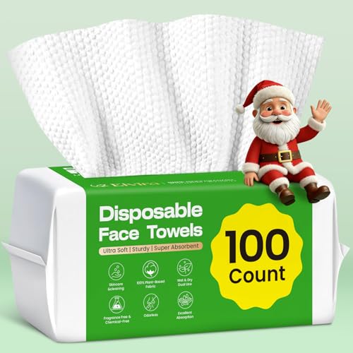 Elvira 100 Count Disposable Face Towels, Biodegradable Facial Cleansing Towels, Ultra Soft & Thick Cloth for Sensitive Skin, Makeup Remover Dry Wipes, Lint-Free Towelettes for Cleansing