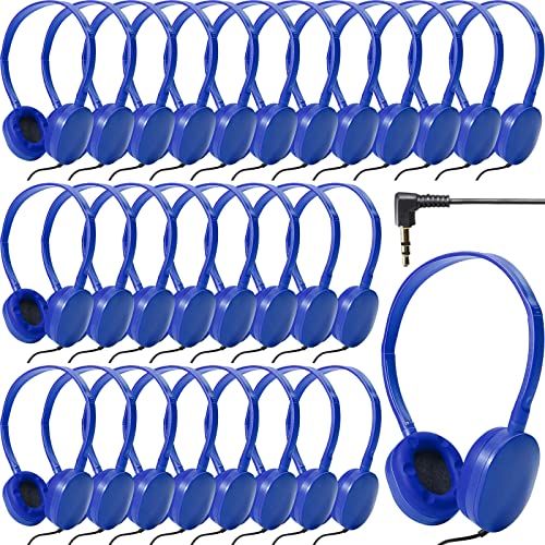 Flutesan 30 Pack Wired Headphones, Adjustable On Ear Headphones, Kids Headphones with Stereo, Children Headphones Earbuds for Kids, Boys, Girls, Schools, Laptop, Travel, Plane, Tablet (Blue)