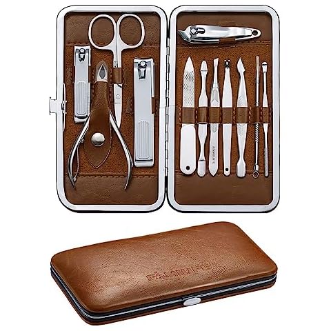 FAMILIFE Manicure Set, Professional Nail Kit Manicure Kit Nail Clipper Set, 12PCS Stainless Steel Nail Care Kit Manicure Tools, Nail Set with Brown Leather Travel Case Luxury Gifts for Him Cover