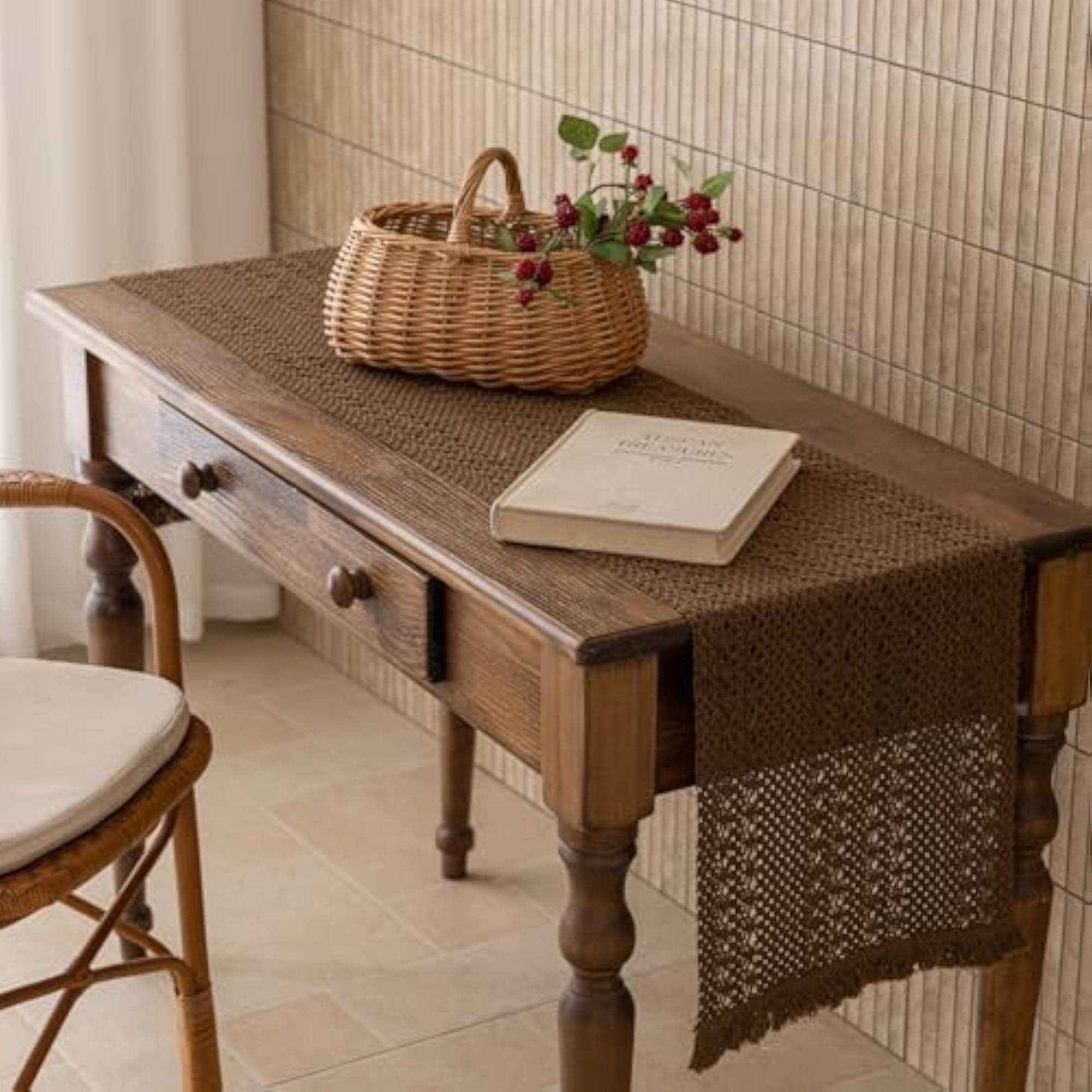 Boho Macrame Brown Table Runner, 13x48 Inch