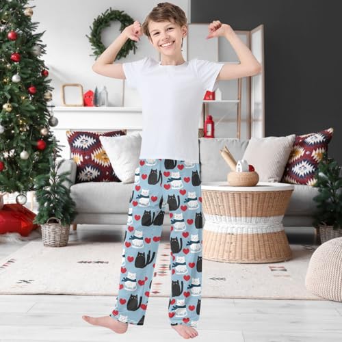 Boy's Pants Black White Cat Scarf Heart Jogger Pants Elastic Waist Long Bottoms Trousers with Pockets 6-14 Years2