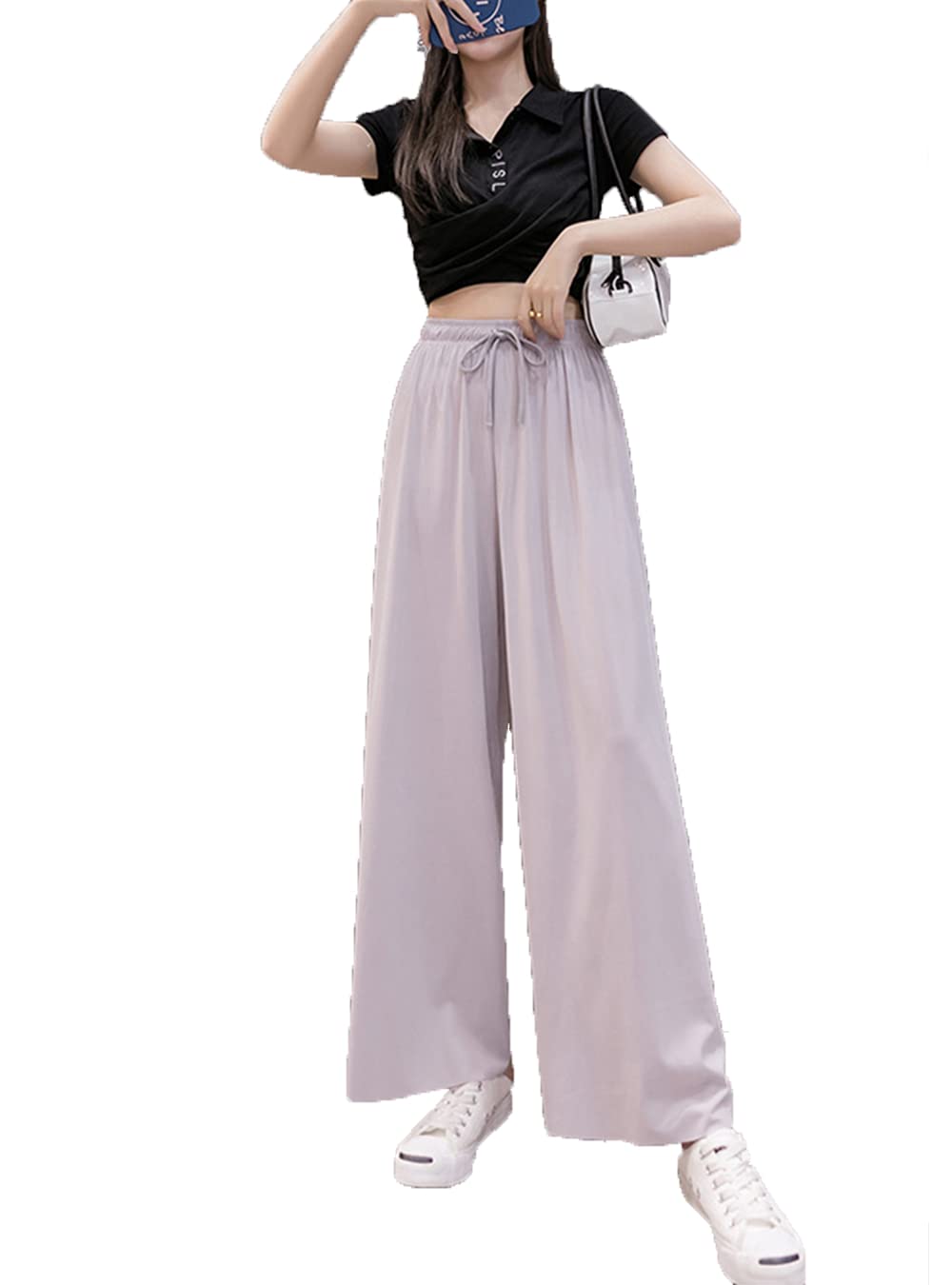 Women Wide Leg Pants Drawstring Dropped Straight Solid Loose Pleated Trousers