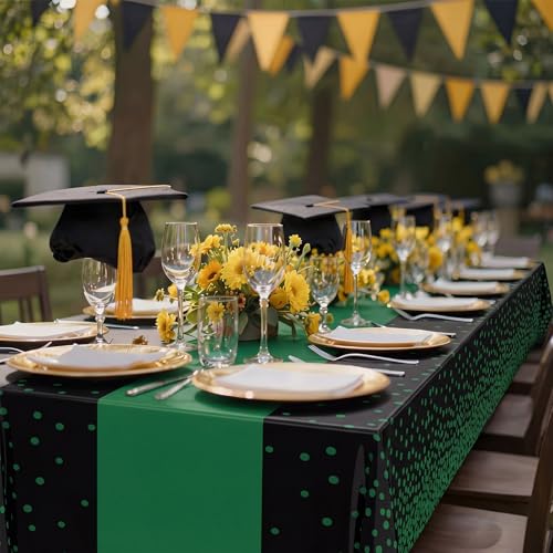 Image of Oudain 6 Pcs Green and Black Tablecloth for Parties Plastic Dot Tablecloths Printed Table Runner Waterproof Disposable Rectangle Table Cover for Graduation Birthday Wedding Summer Party, 54 inch x 108 inch