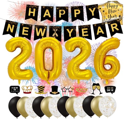 Conjunto de decoração de ano novo XXL 2026 2027 - com balões, serpentinas, balões, confetti, acessórios fotográficos como decoração para o Ano Novo (Happy new Year 01)