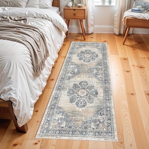 2x6 Hallway Runner Rug Washable: Soft Kitchen Rug Non Slip Runner with Rubber Backing for Living Room Bedroom Bathroom Non Shedding Farmhouse Carpet Runners (Blue, 2X6)