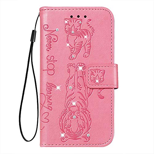 Shukukan Note 10 Wallet Case with Handle, Note 10 Bling Case, Cat and Tiger Embossed PU Leather Note 10 Flip Cases with Card Holders Viewing Stand Phone Cover for Samsung Galaxy Note 10 Pink