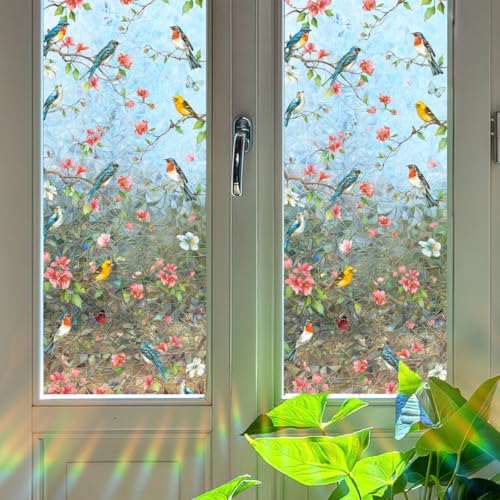 Película Decorativa para Ventana Runtoo Flores y Pájaros miniatura 3