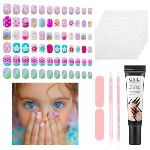 144 Pieces Press on Fake Nails for Kids - Gorvalin 6 Pack Full Cover Flower Mermaid Kids Fake Nail for Girls 10-12 Years Old with Nail Adhesives Tabs & Nail Builder Glue Children's Day Gift