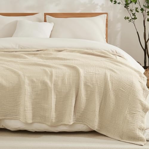 Image of EMME Cotton Blanket King Size for Bed Soft Muslin Blankets 108 inchx90 inch Beige Lightweight Breathable Layering Bedspread Coverlet All Season Gauze