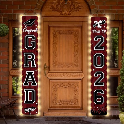 Image of 2026 Graduation Banners Lighted Decorations Class of 2026 Congrats Grad Porch Sign Banners with LED Light Welcome Hanging Door Decor Party Supplies for Indoor Outdoor(Maroon and Black)