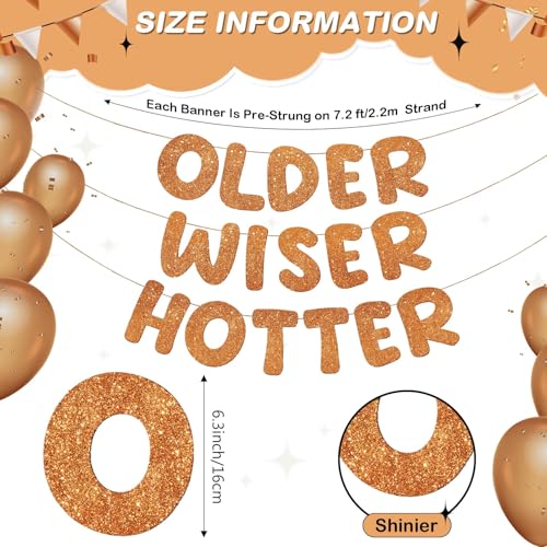 Image of Fulmoon Set of 3 Pre Strung Older Wiser Hotter Glitter Banner Funny Birthday Banner for Women 30th 40th 50th 60th 70th 80th Birthday Party Decorations Sign Gift(Orange)