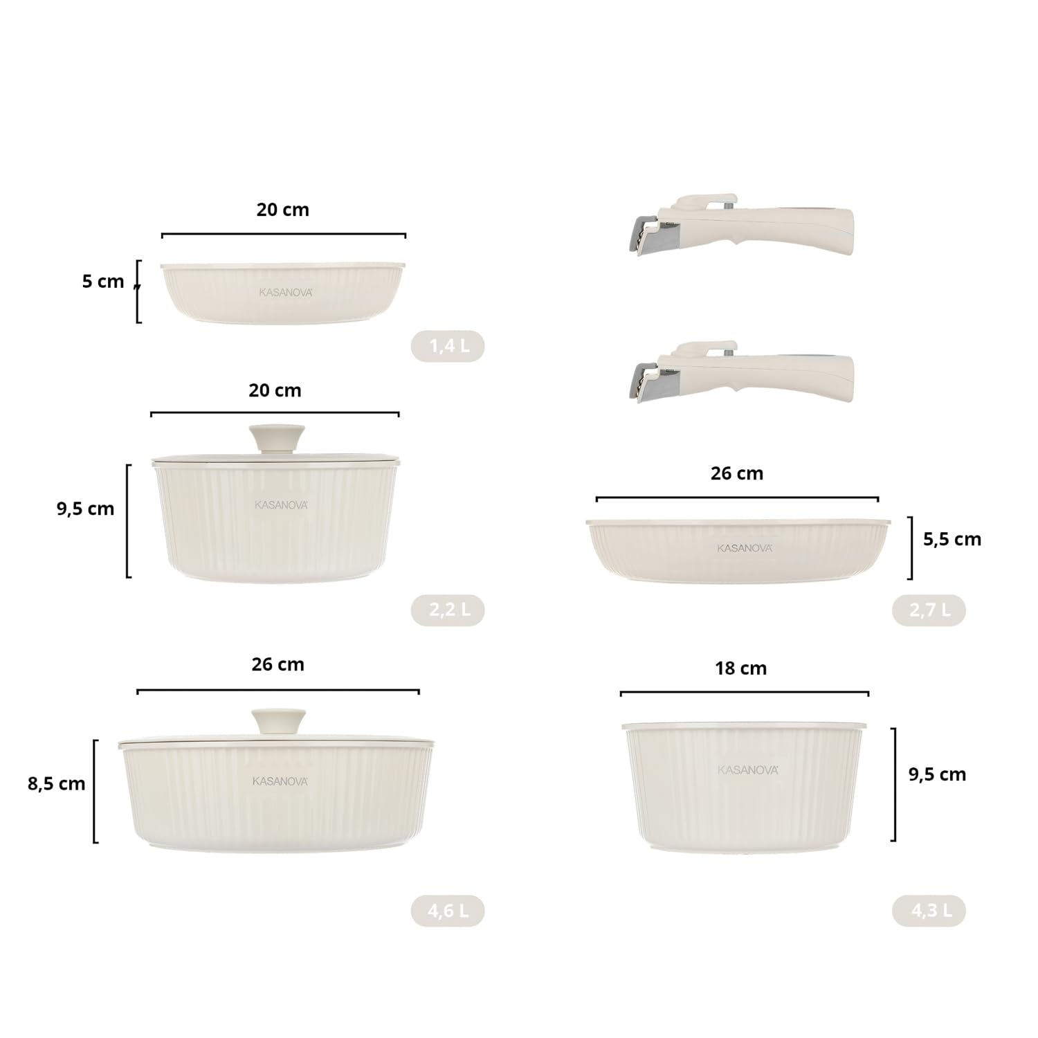 KASANOVA 9 ollas y sartenes con mango desmontable, revestimiento antiadherente de cerámica, juego antiadherente apilable, apto para horno, apto para inducción, sin PTFE, PFAS, PFOA, plomo, cadmio,