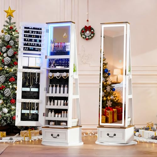 LVSOMT LED Mirror Jewelry Cabinet Standing, 360°Swivel Jewelry Armoire with Full Length Mirror,...
