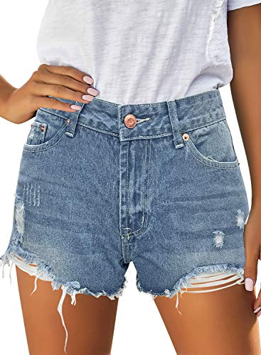 LookbookStore Women's Casual Summer Ripped Jean Shorts Mid Rise Distressed Denim Pants with Pockets Light Blue Size M