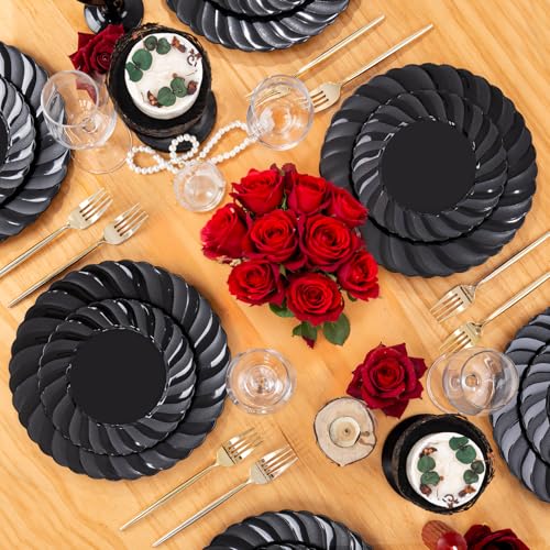 U-QE 60 Pcs Black Plastic Plates for Party – Black Plastic Disposable Heavy Duty – Include 30 10.25" Dinner & 30 7.25" Dessert Plate - Perfect for Parties, Weddings - Image 6