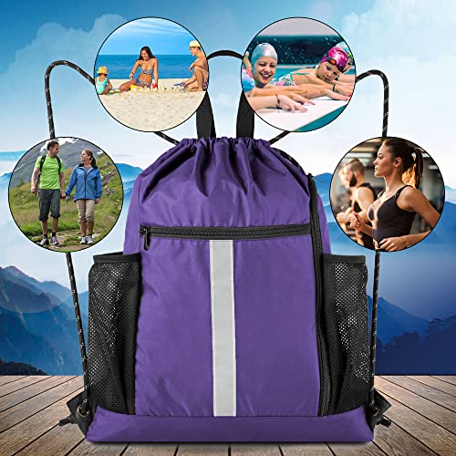 Image of BeeGreen Purple String Bag Sack Gym Backpack with Shoe Compartment and Two Water Bottle Holder for Men Women Lightweight Durable Drawstring Cinch Sackpack